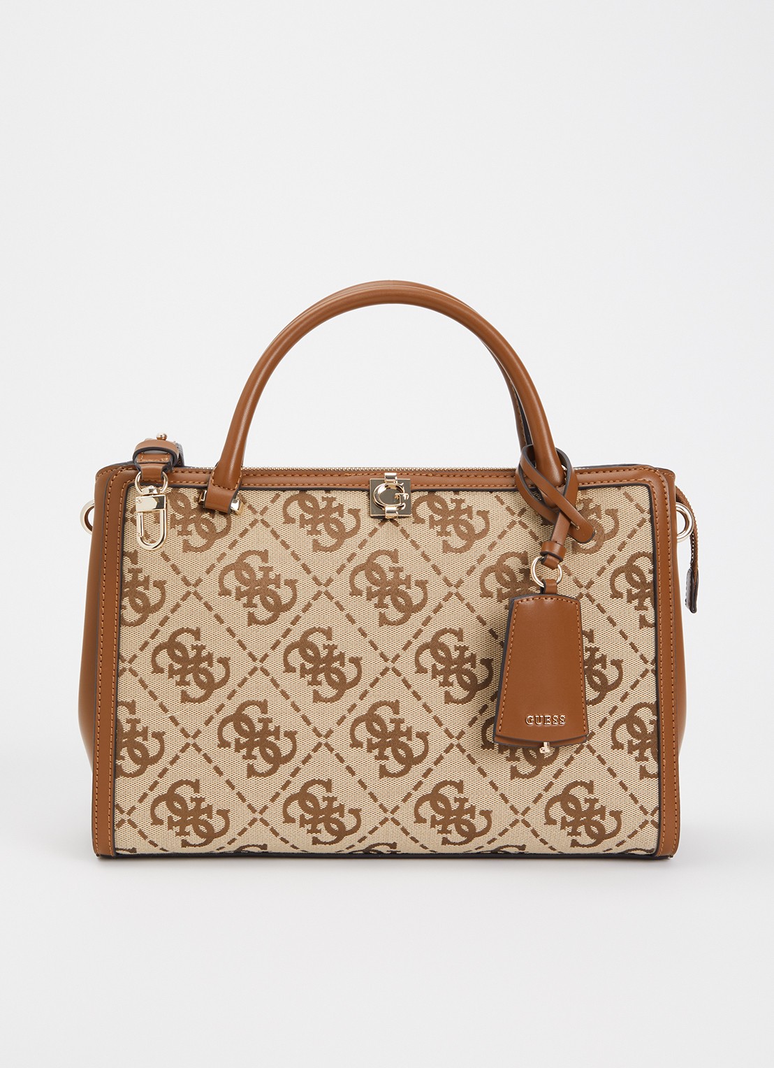 GUESS Audrey handtas met logoprint en afneembare schouderriem - voorkant beige