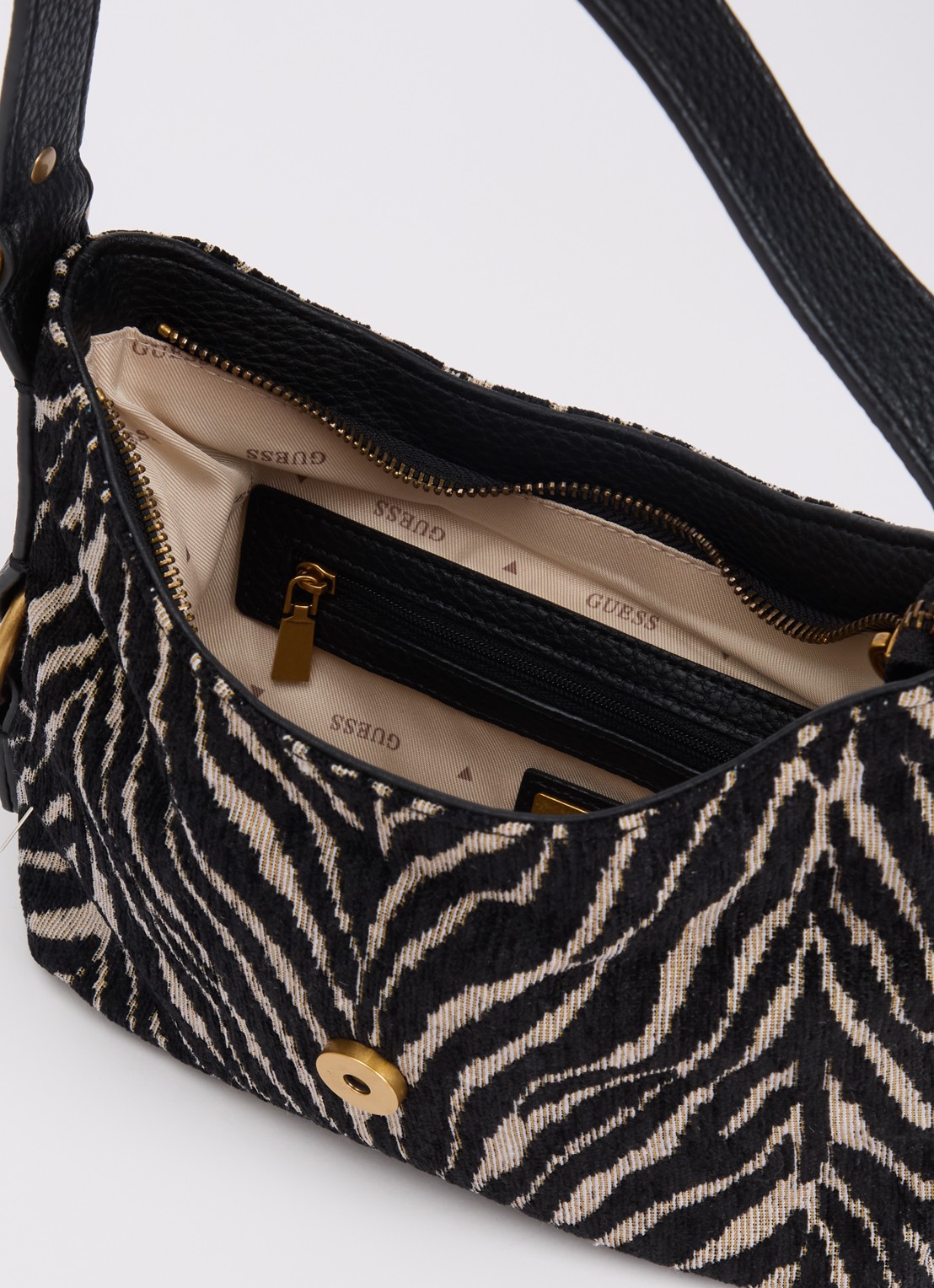 GUESS Camden Mini schoudertas met zebraprint - detail zwart