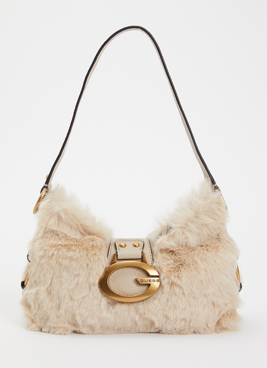 GUESS Camden Mini schoudertas van imitatiebont - voorkant 2 creme