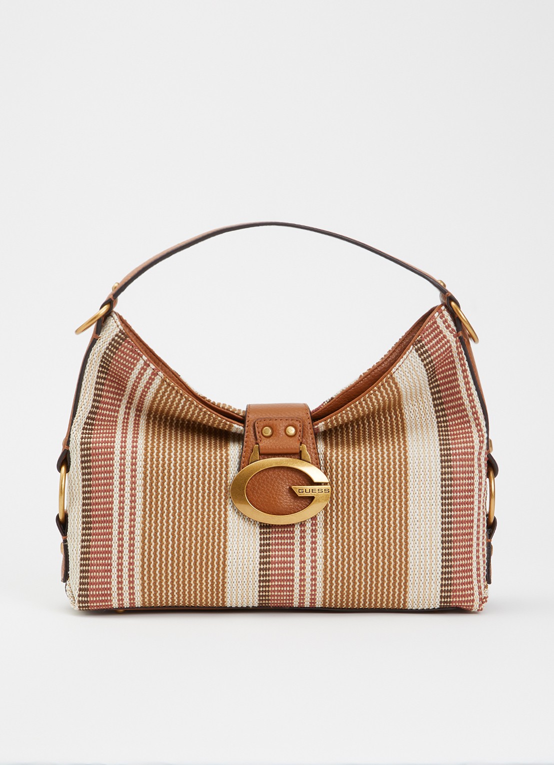 GUESS Camden schoudertas met streepprint en logo - voorkant 5 cognac