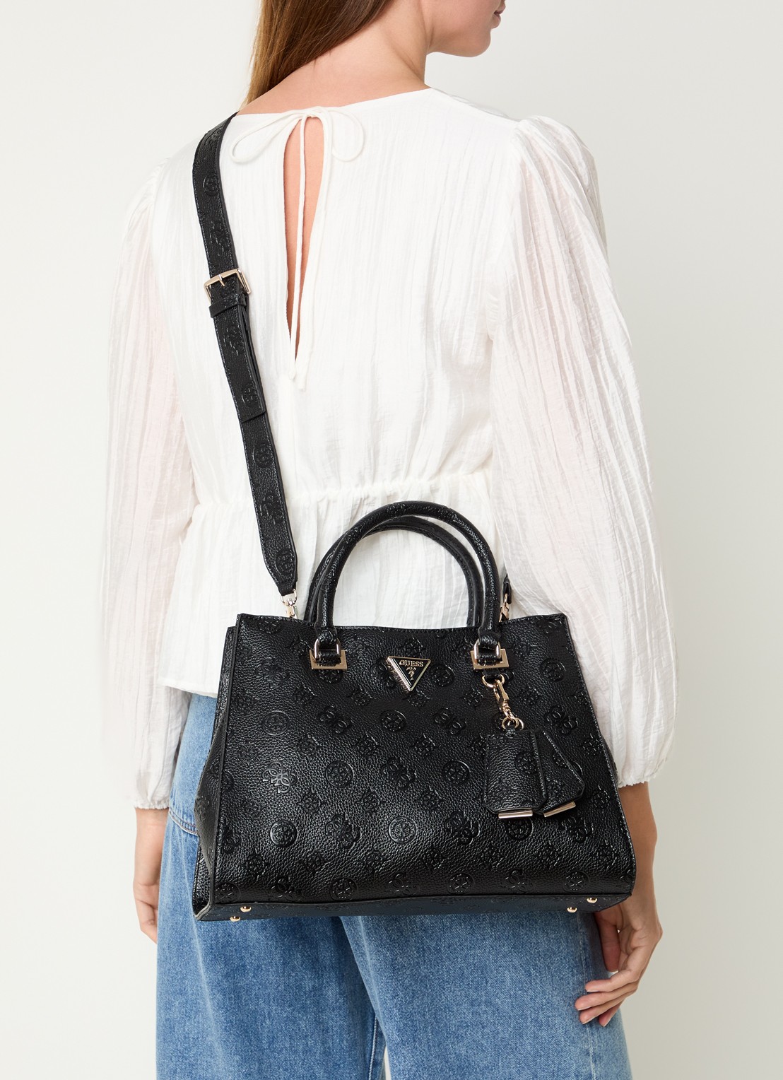 GUESS Cresidia handtas met logo en afneembare schouderriem - voorkant 2 zwart