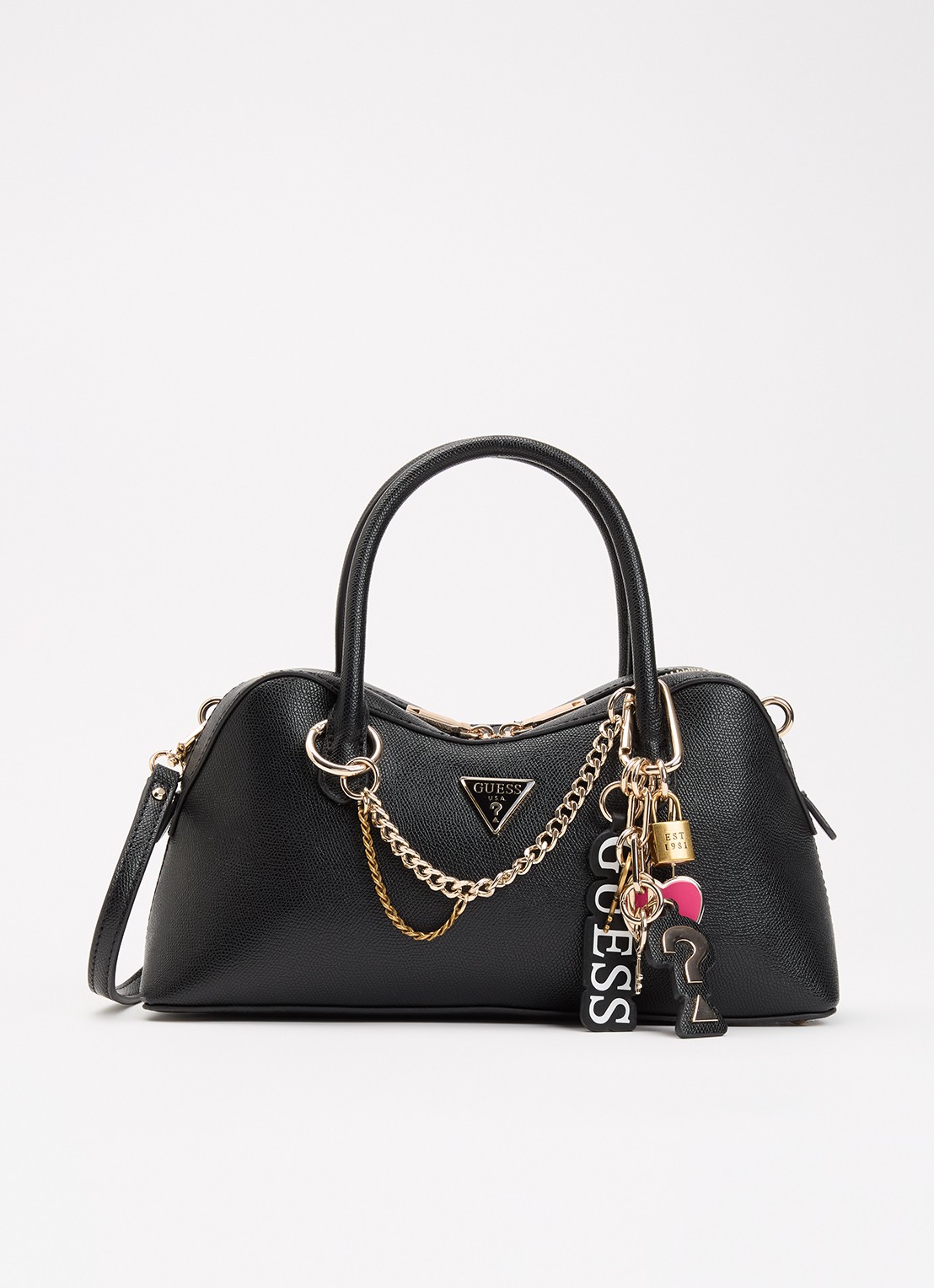 GUESS Davina Charms handtas met afneembare schouderriem en tasbedel - voorkant 2 zwart