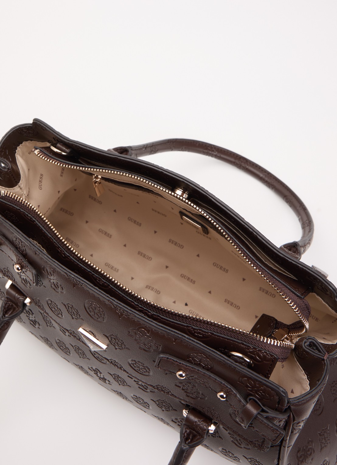 GUESS Diana handtas met logoprint en afneembare schouderriem - detail chocoladebruin