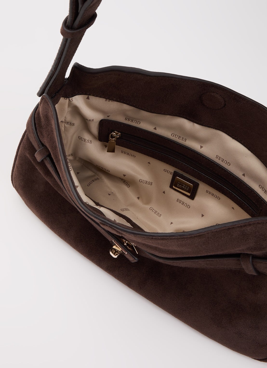 GUESS Ella schoudertas met logo en verstelbare schouderriem - detail donkerbruin