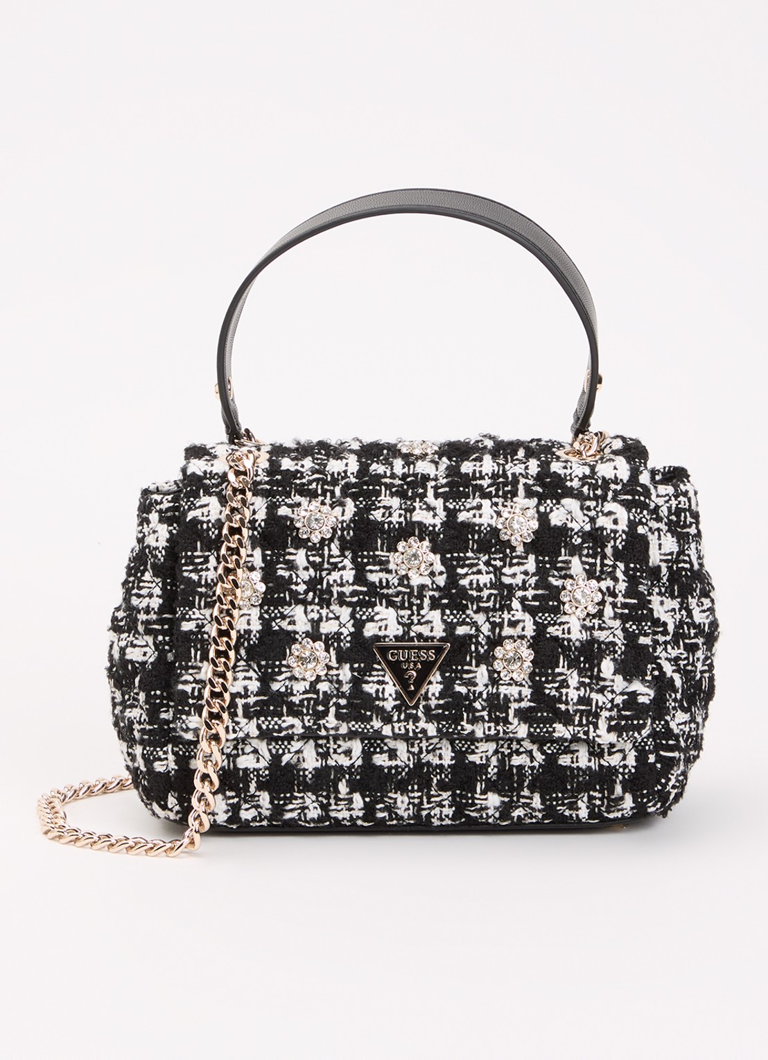 GUESS Everlee schoudertas met tweed-look - voorkant 2 zwart