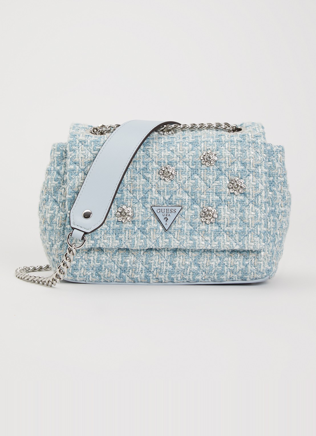 GUESS Everlee schoudertas met tweed-look - voorkant blauw