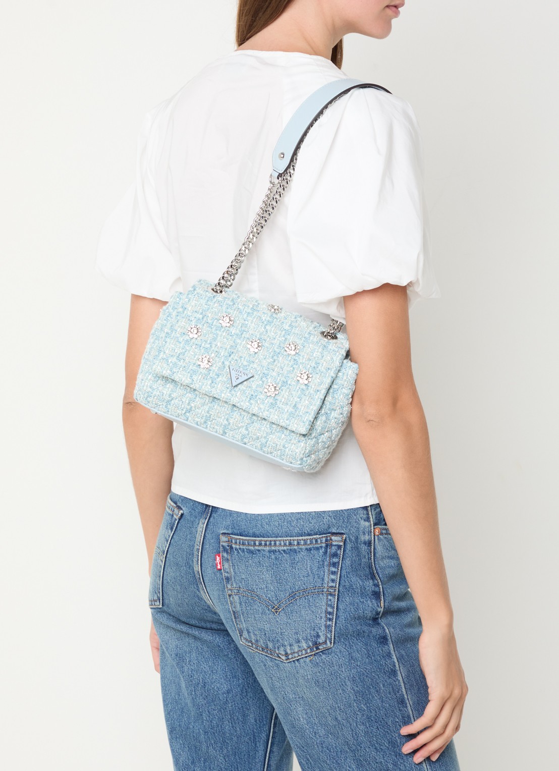 GUESS Everlee schoudertas met tweed-look - voorkant 3 blauw