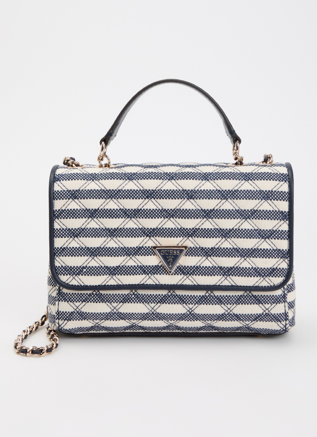 GUESS Giully II schoudertas met streepprint en verstelbare schouderriem - voorkant donkerblauw