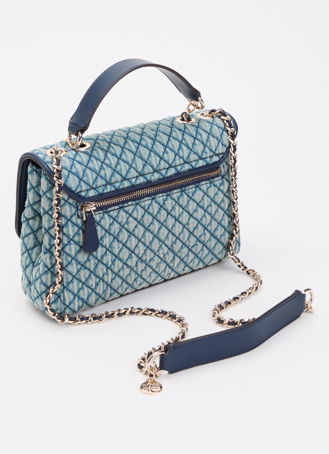 GUESS Giully II schoudertas van denim met quilt patroon en verstelbare schouderriem - achterkant 5 blauw