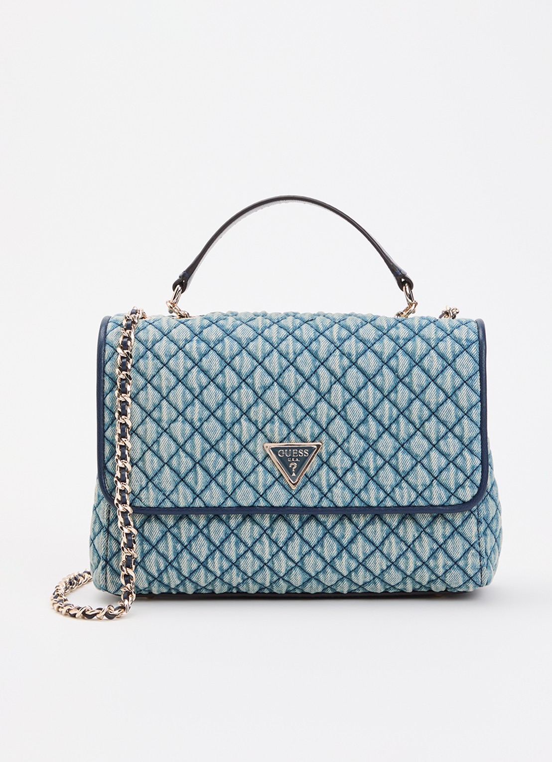 GUESS Giully II schoudertas van denim met quilt patroon en verstelbare schouderriem - voorkant 4 blauw
