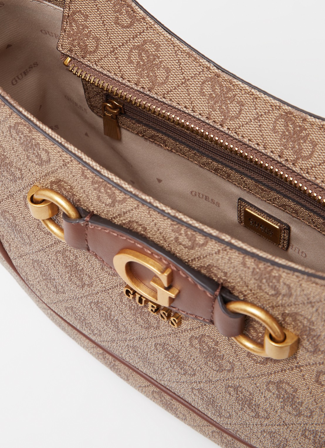 GUESS Izzy schoudertas met logoprint  - detail lichtbruin