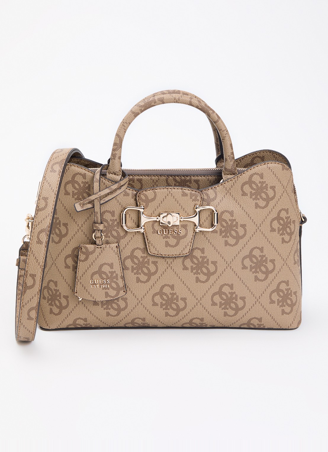 GUESS Jannie handtas met logoprint en afneembare schouderriem - voorkant 5 beige