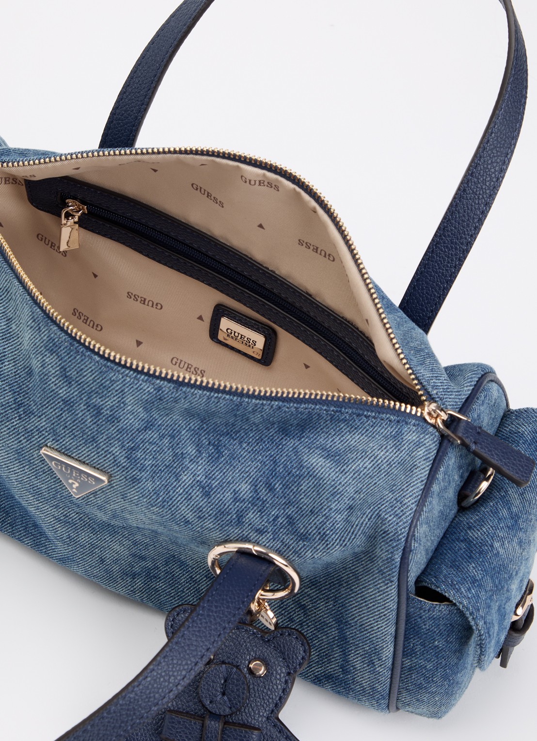 GUESS Kassie handtas van denim met tasbedel en afneembare schouderriem  - detail 5 indigo