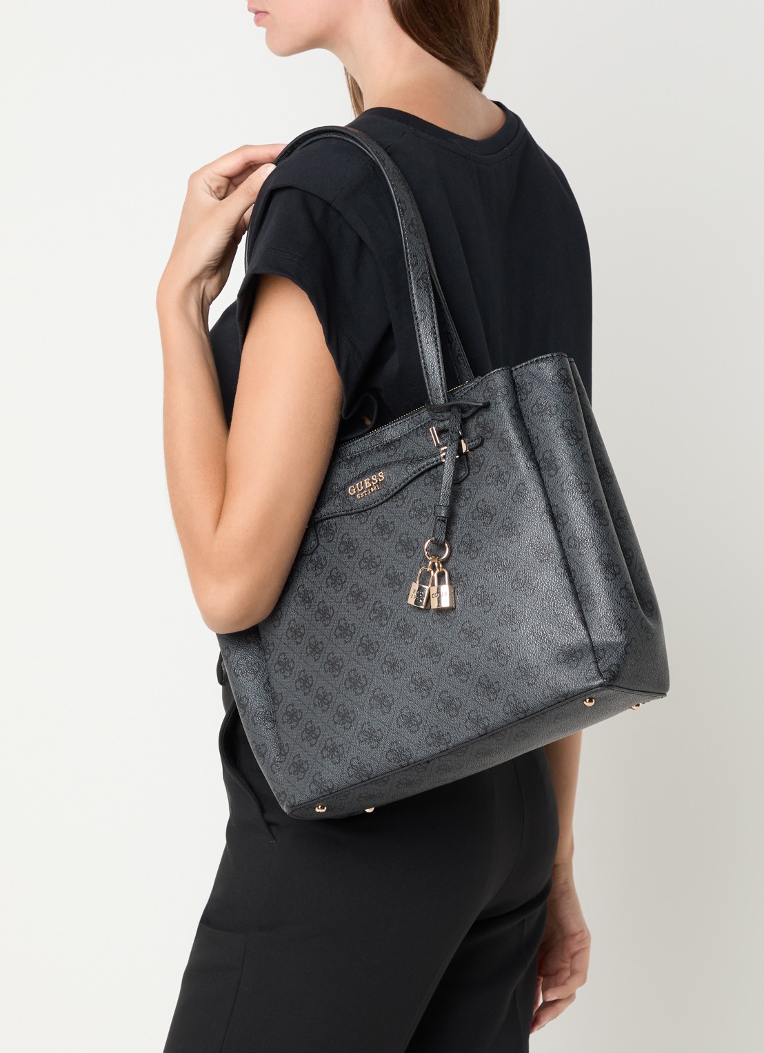 GUESS Katya schoudertas met logoprint - voorkant 3 zwart