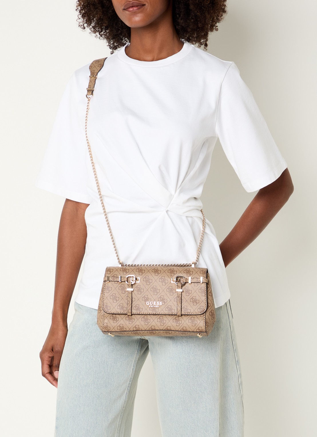 GUESS Leona Logo crossbodytas met logoprint  - voorkant 6 zand