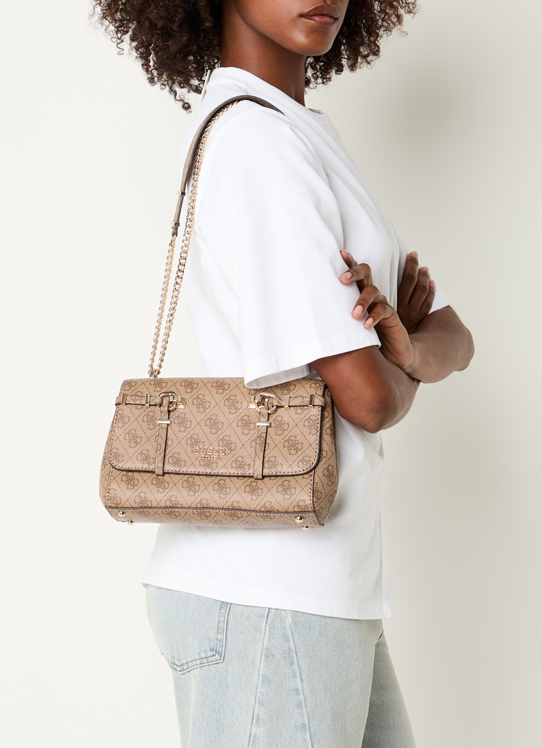 GUESS Leona Logo crossbodytas met logoprint  - voorkant 7 zand