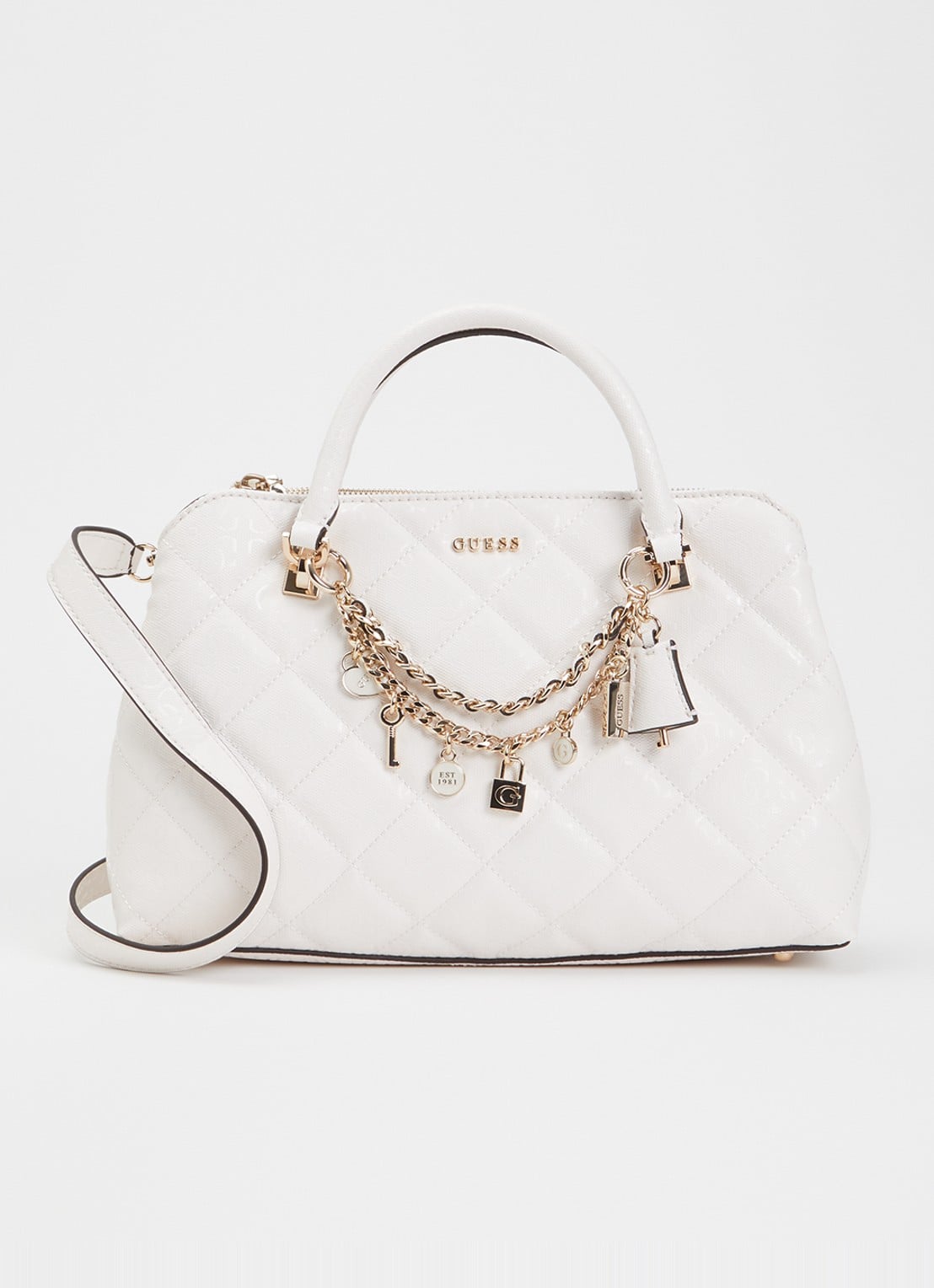 GUESS Libby handtas met logoprint en afneembare schouderriem - voorkant 2 gebroken wit