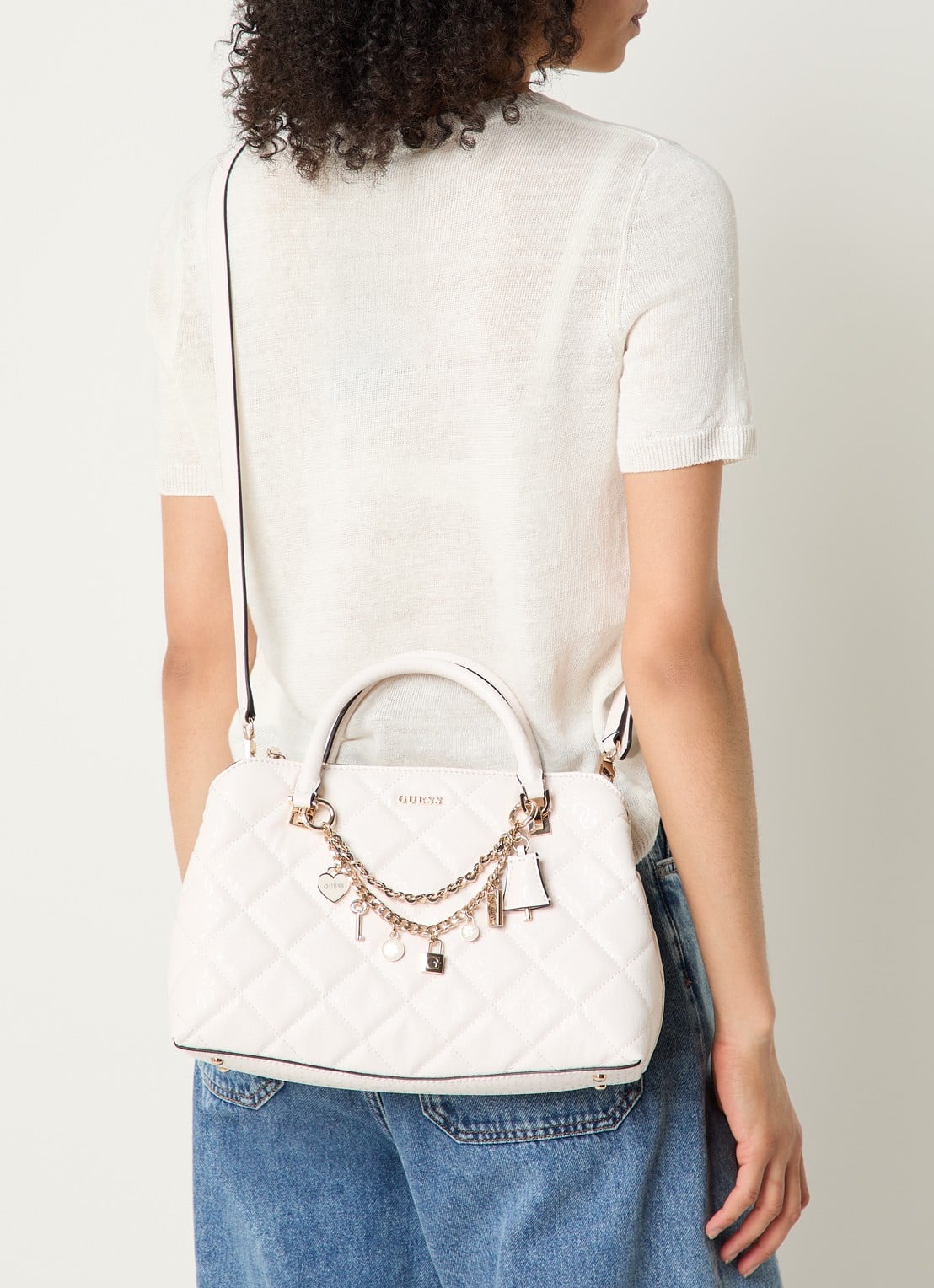 GUESS Libby handtas met logoprint en afneembare schouderriem - voorkant 3 gebroken wit