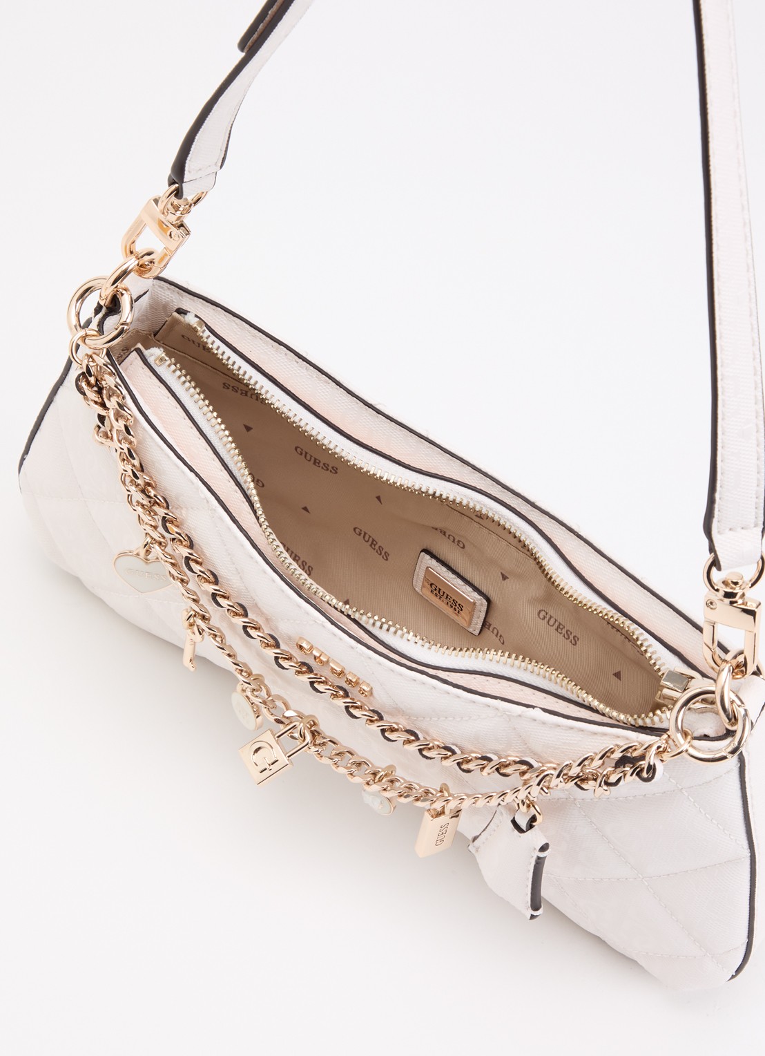 GUESS Libby schoudertas met logoprint en kettingdetail  - detail wit