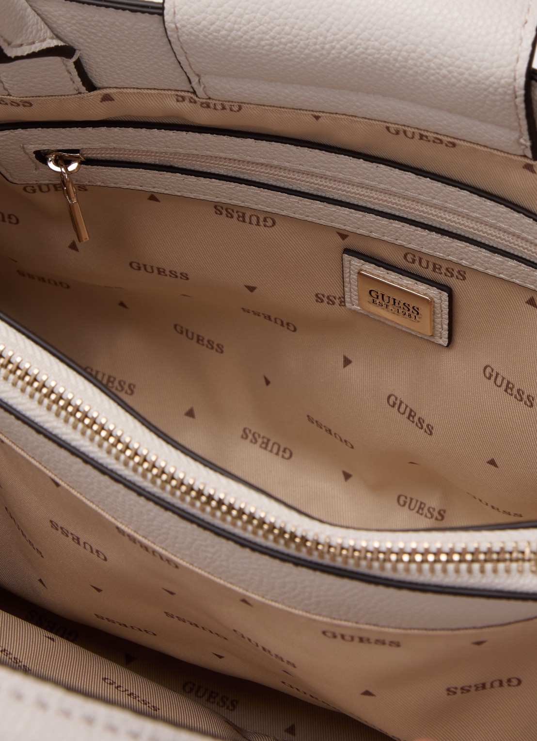 GUESS Lindsey schoudertas met logoprint en tasbedel  - detail ivoor
