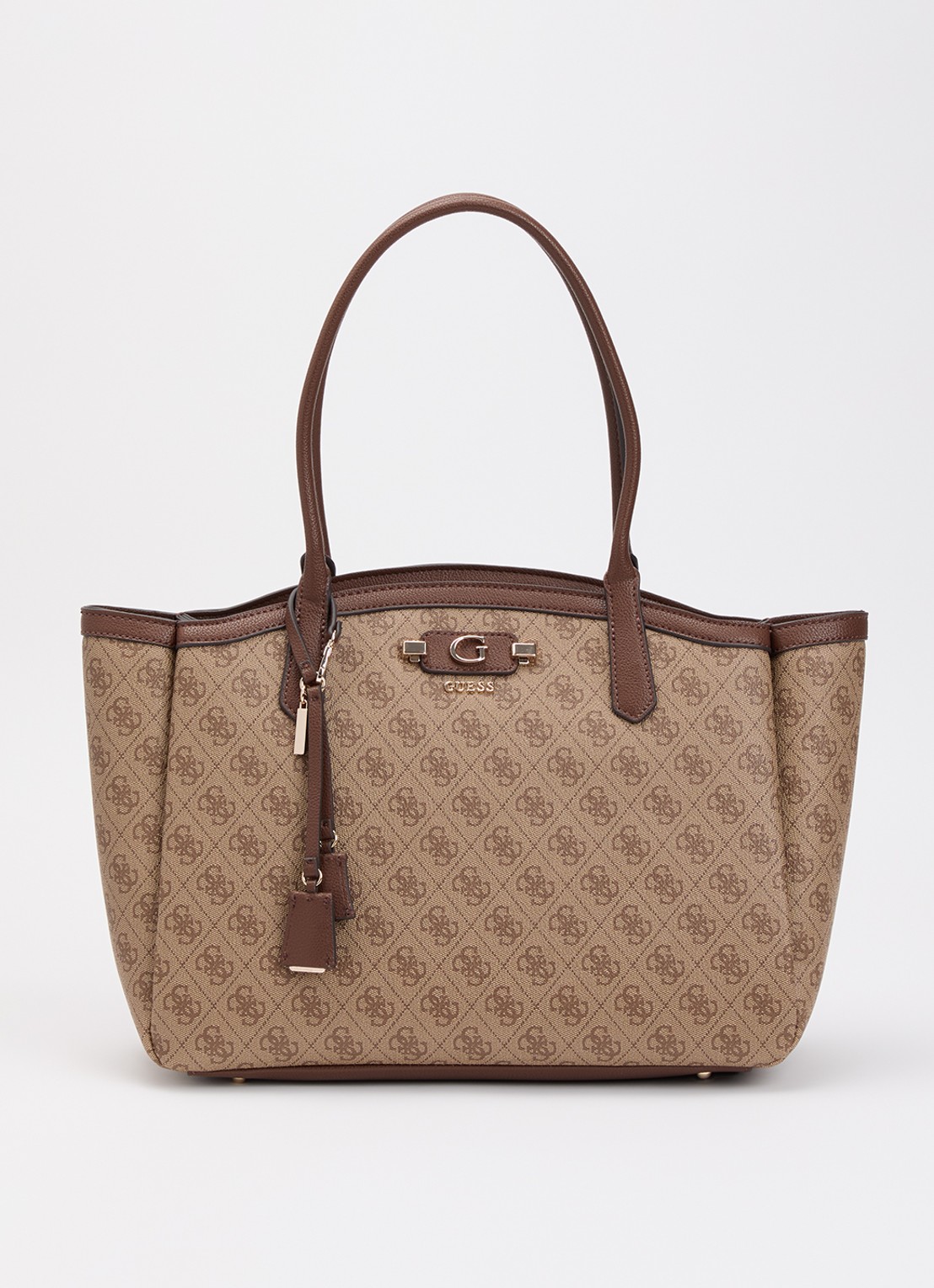 GUESS Lindsey schoudertas met logoprint en tasbedel  - voorkant 2 hazelnootbruin