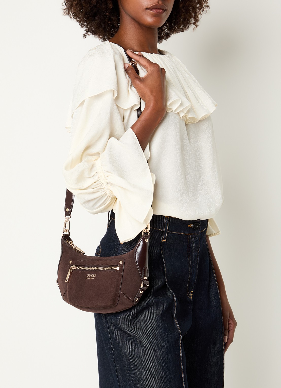 GUESS Marsha Mini crossbodytas van suède met leren details - voorkant 2 donkerbruin