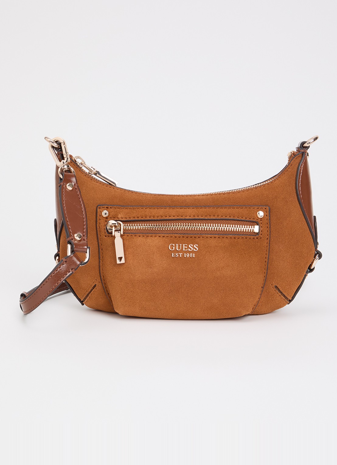 GUESS Marsha Mini crossbodytas van suède met leren details - voorkant 2 cognac