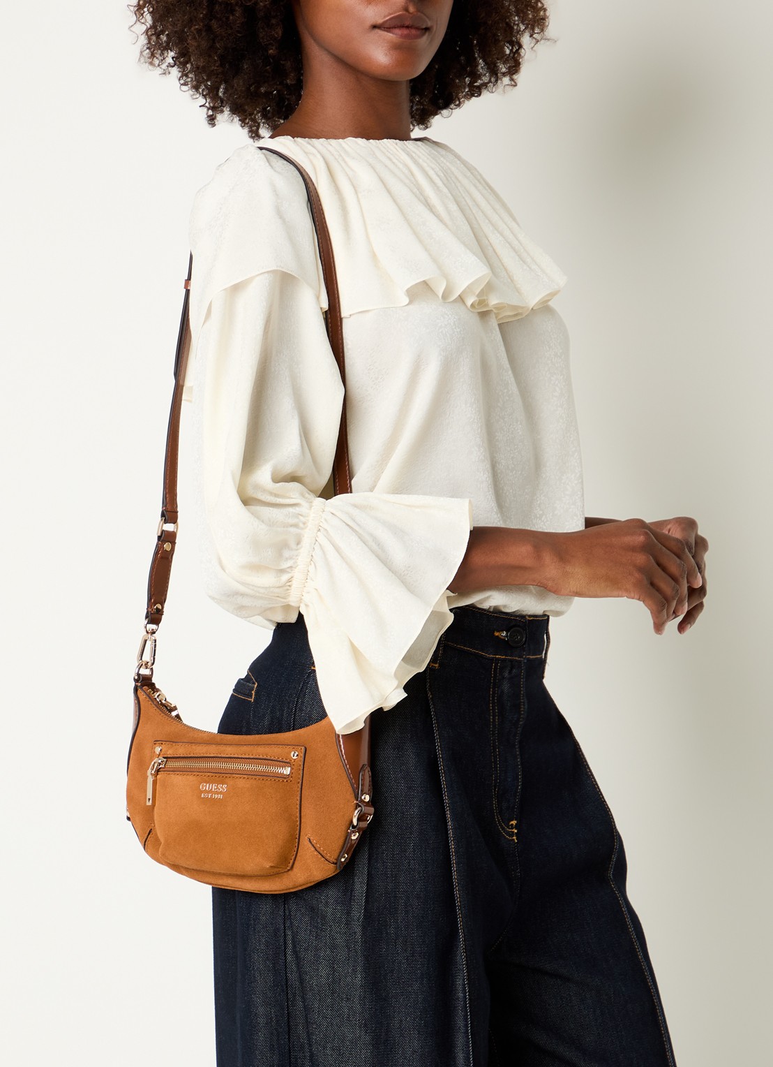 GUESS Marsha Mini crossbodytas van suède met leren details - voorkant 3 cognac