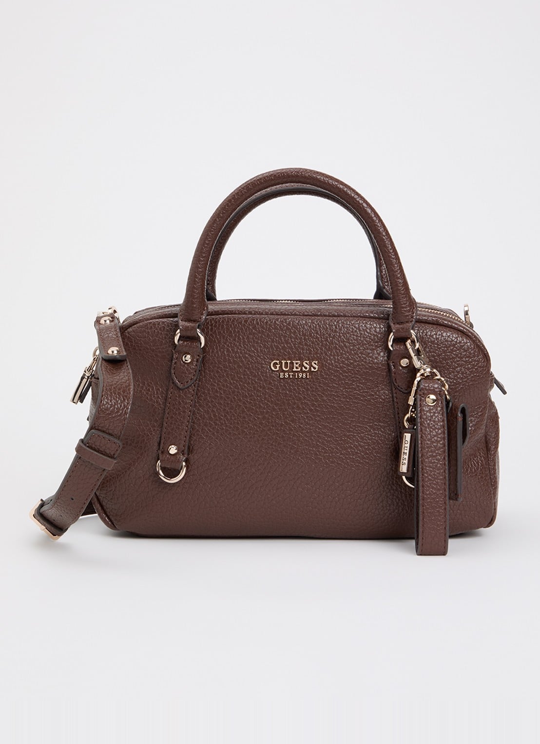 GUESS Marsha mini handtas met logo en tasbedel  - voorkant donkerbruin