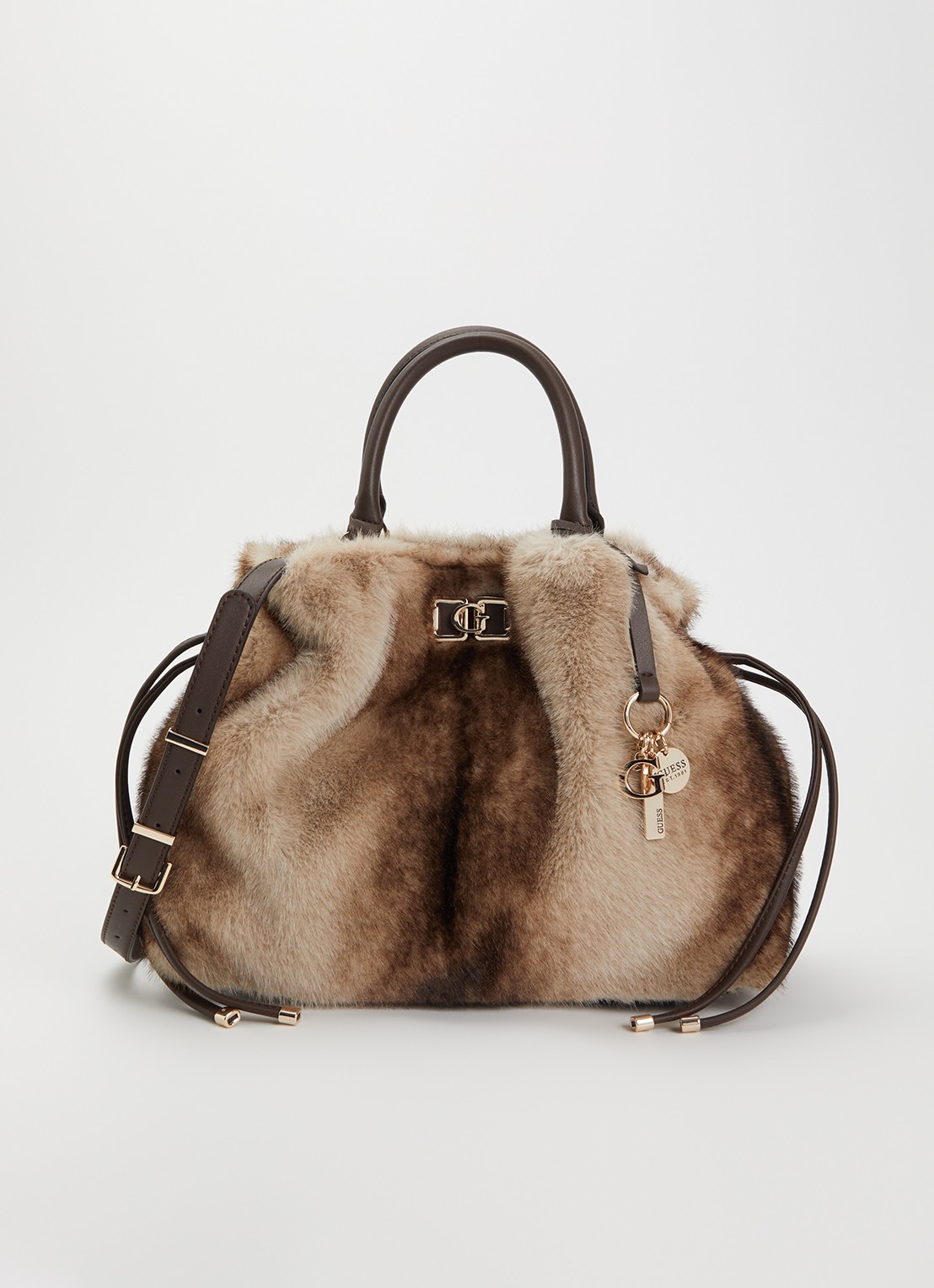 GUESS Mavis handtas van imitatiebont met afneembare schouderriem - voorkant 2 beige