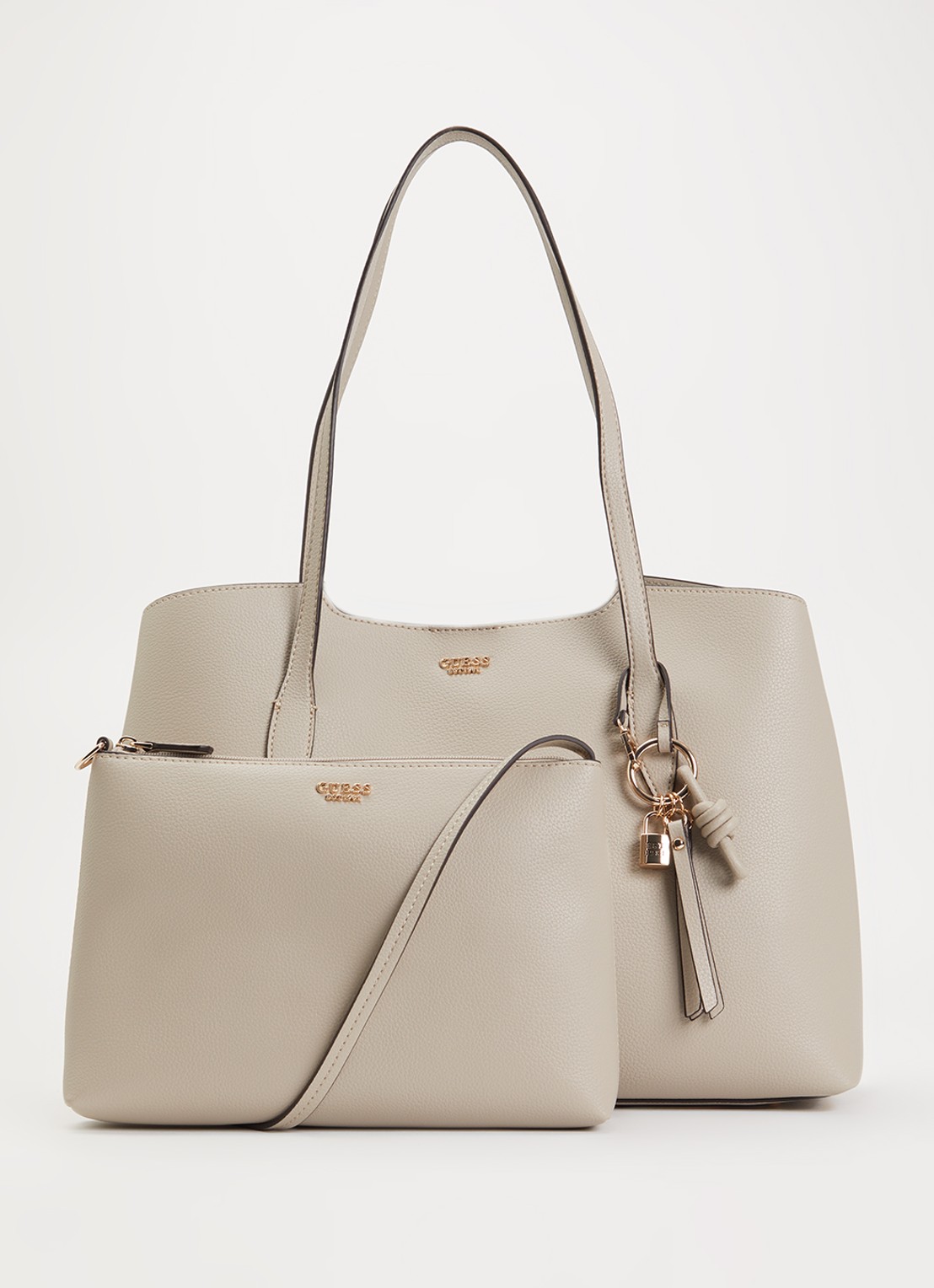 GUESS Melody schoudertas met uitneembaar etui en tasbedel  - voorkant 2 taupe