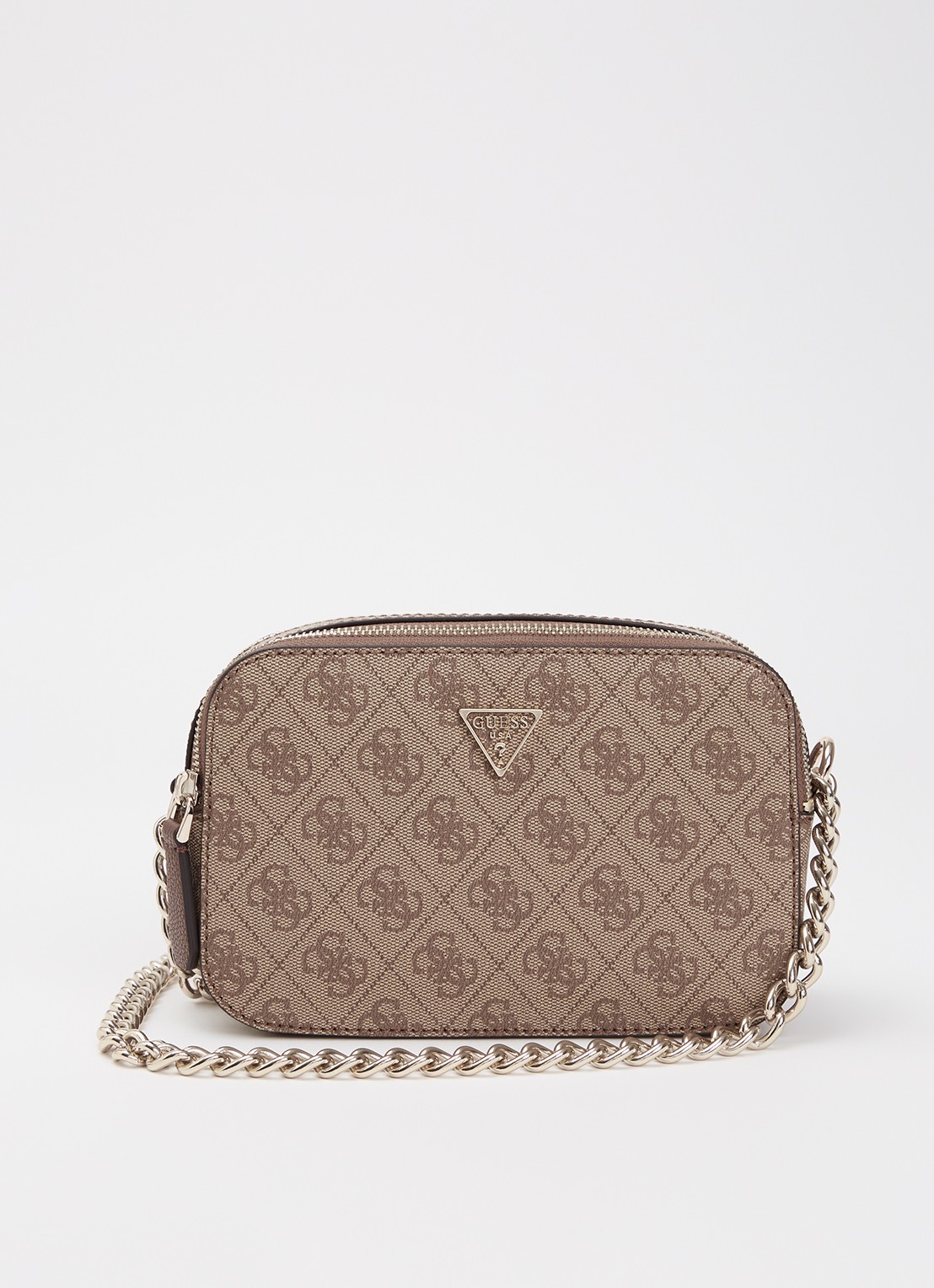 GUESS Noelle II crossbodytas met logoprint - voorkant 5 donkerbeige