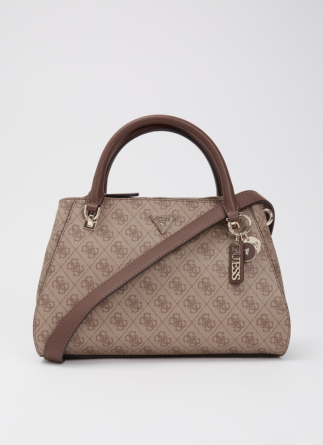 GUESS Noelle II handtas met logoprint en afneembare schouderriem - voorkant 5 donkerbeige