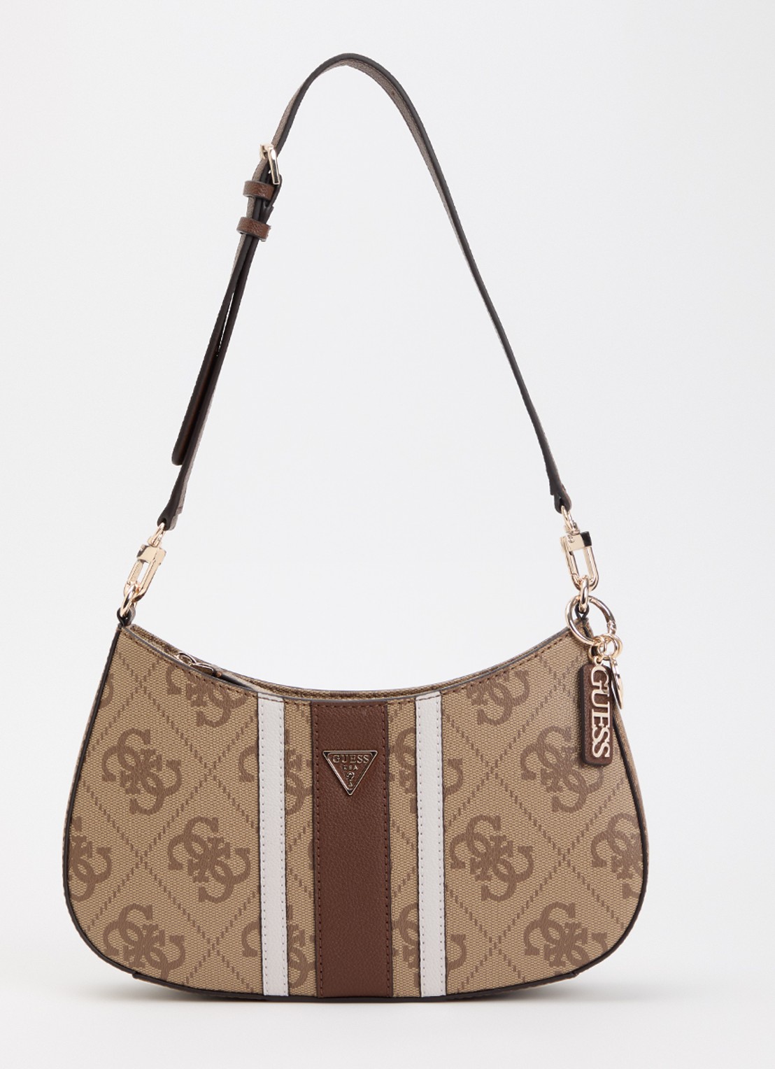 GUESS Noelle II schoudertas met logoprint en afneembare schouderriem - voorkant 5 lichtbruin