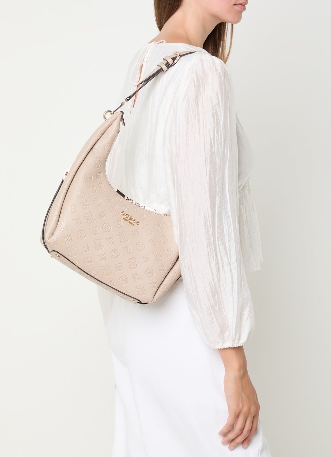 GUESS Phoebe schoudertas met logoprint - voorkant 2 beige