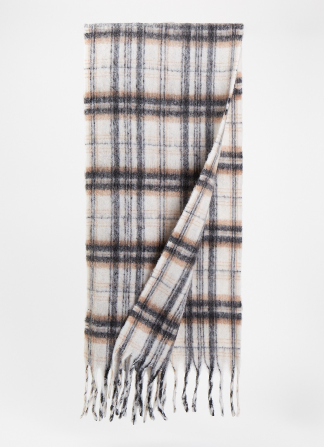 GUESS Sjaal in wolblend met ruitdessin en franjes 175 x 40 cm - voorkant 2 gebroken wit