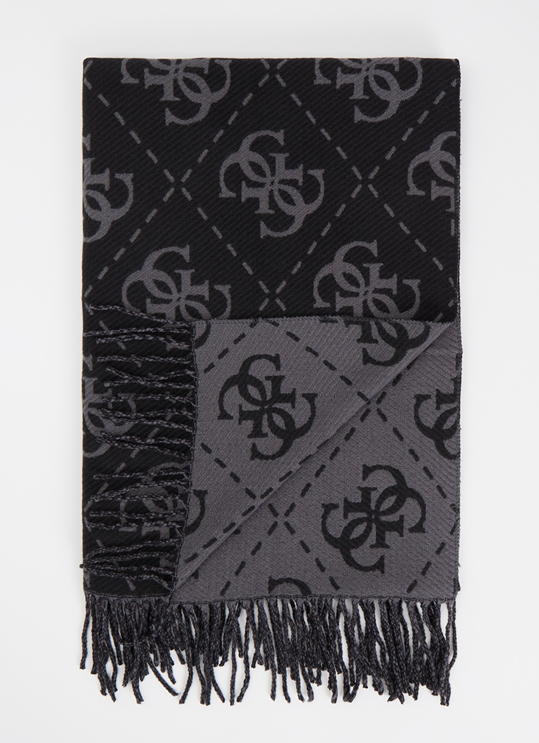 GUESS Sjaal met logoprint en franjes 190 x 70 cm - voorkant 2 zwart