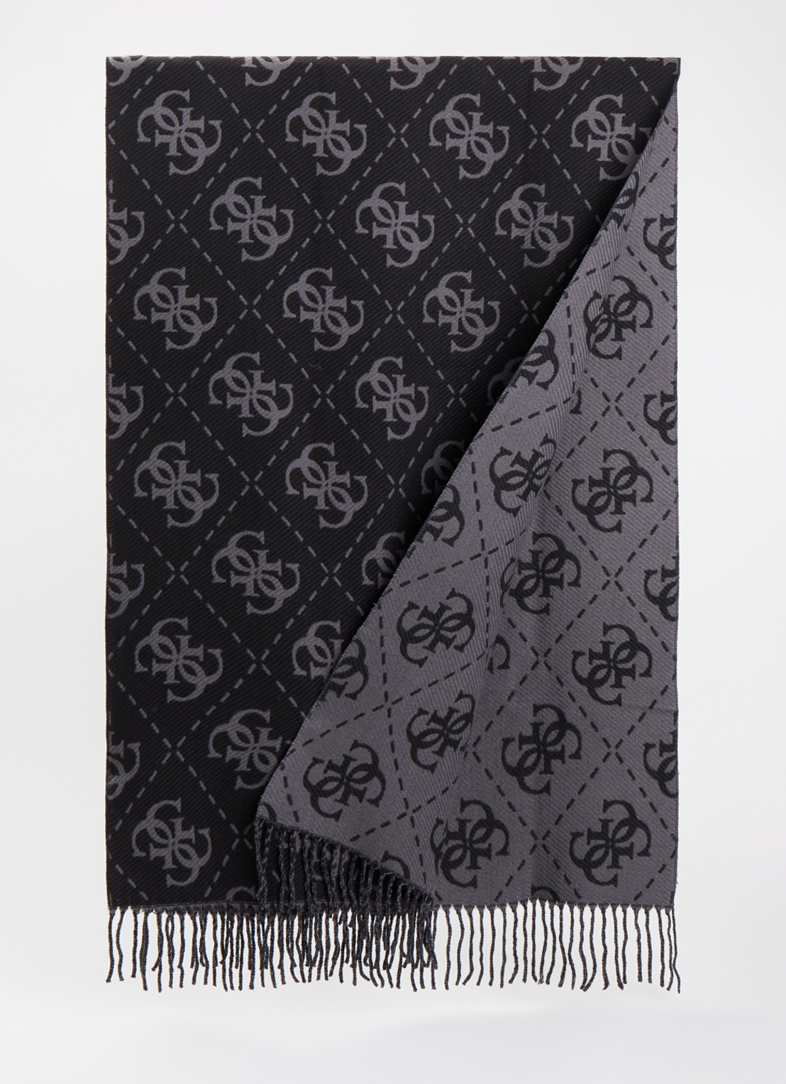GUESS Sjaal met logoprint en franjes 190 x 70 cm - voorkant 3 zwart
