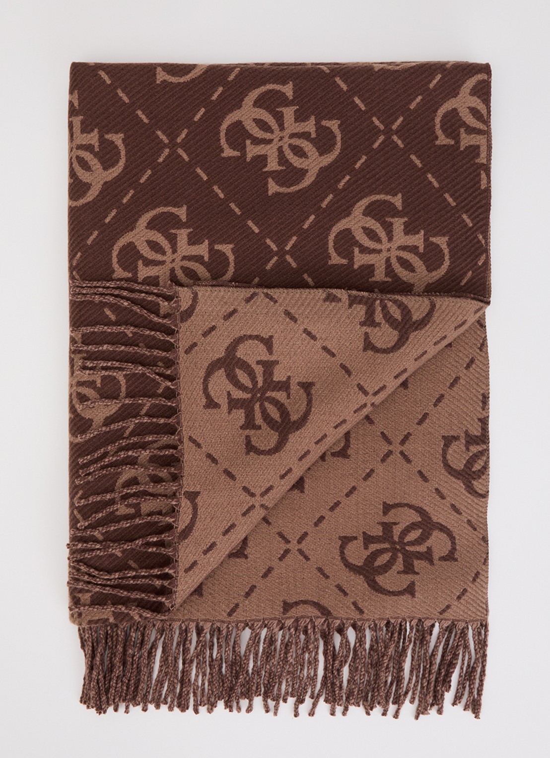 GUESS Sjaal met logoprint en franjes 190 x 70 cm - voorkant hazelnootbruin