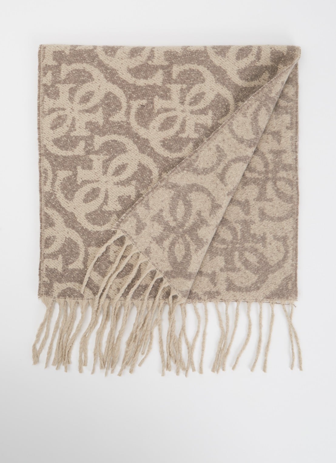 GUESS Sjaal met logoprint en franjes 40 x 180 cm  - voorkant grijs