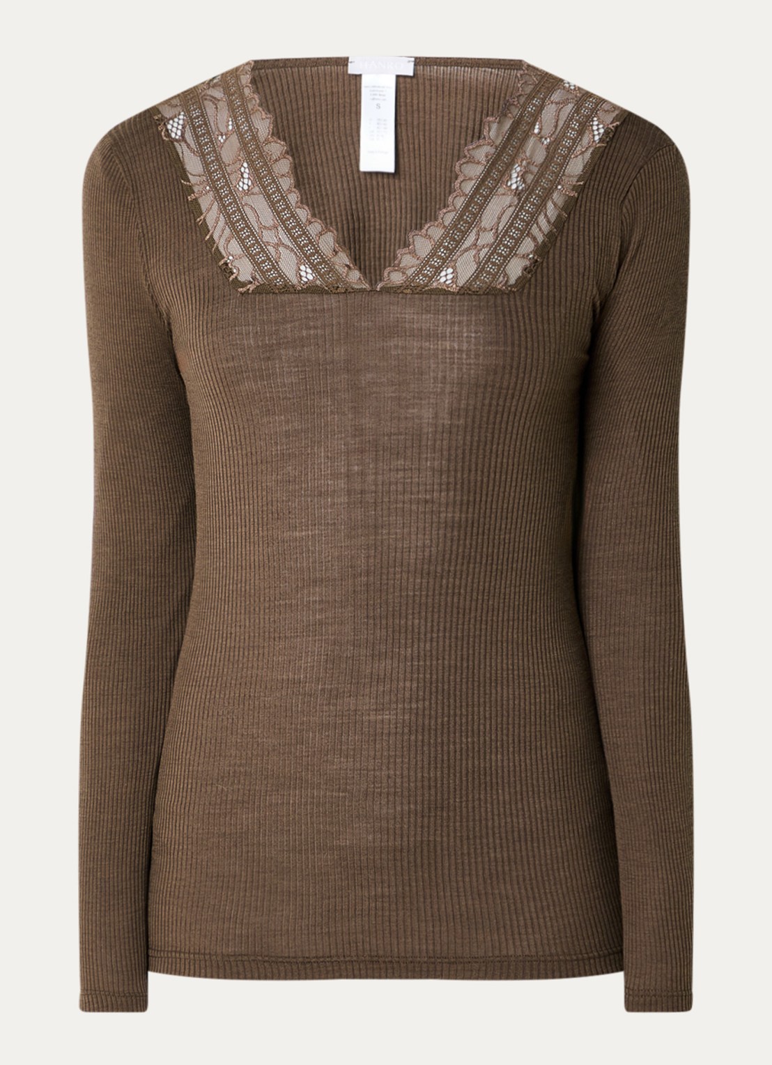 Hanro Marcia longsleeve in wolblend met details van kant - voorkant bruin