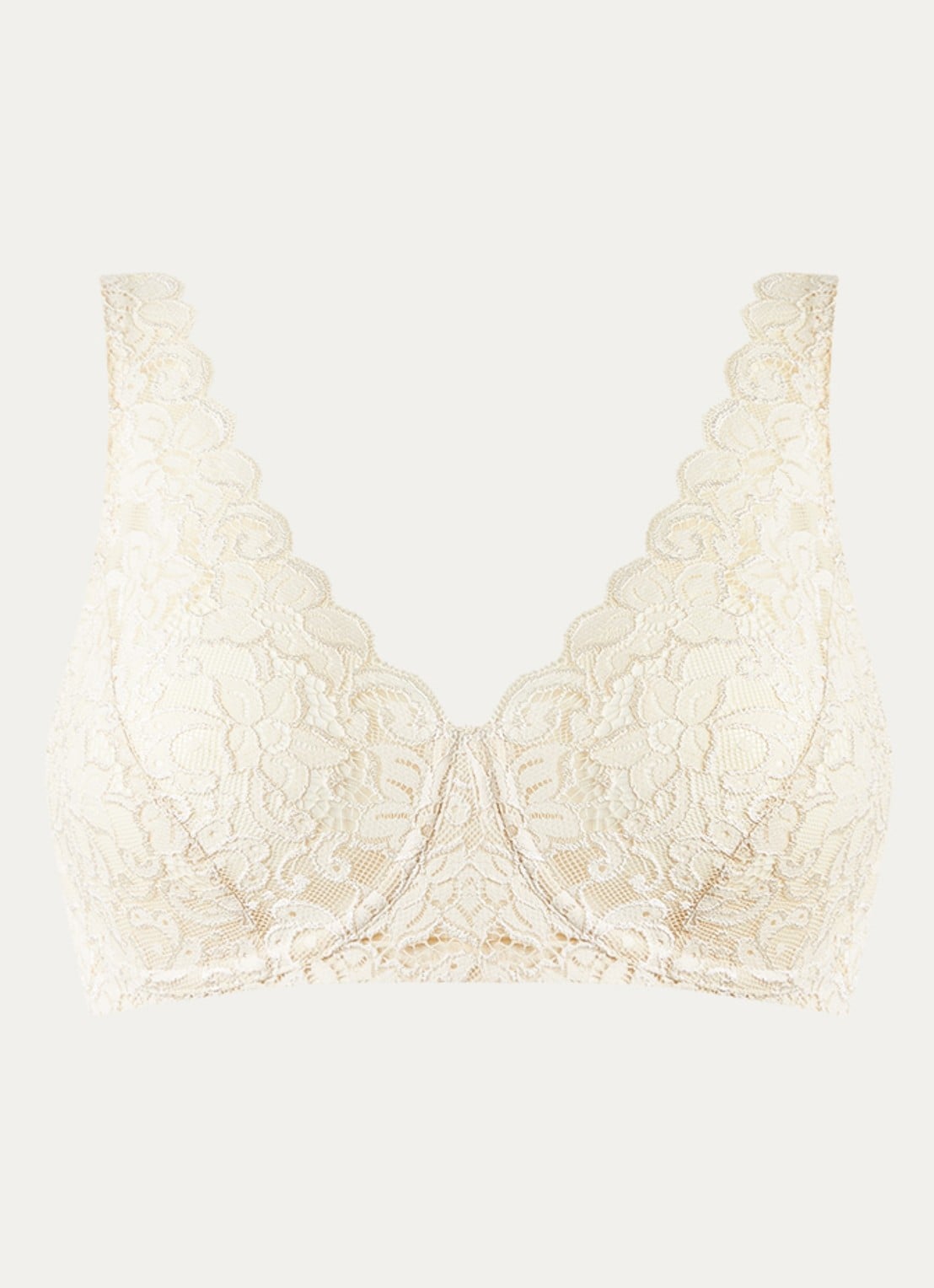 Hanro Moments bralette van kant - voorkant beige