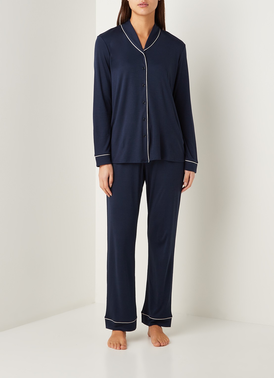 Hanro Pyjamaset  met contrasterende bies - voorkant 3 donkerblauw