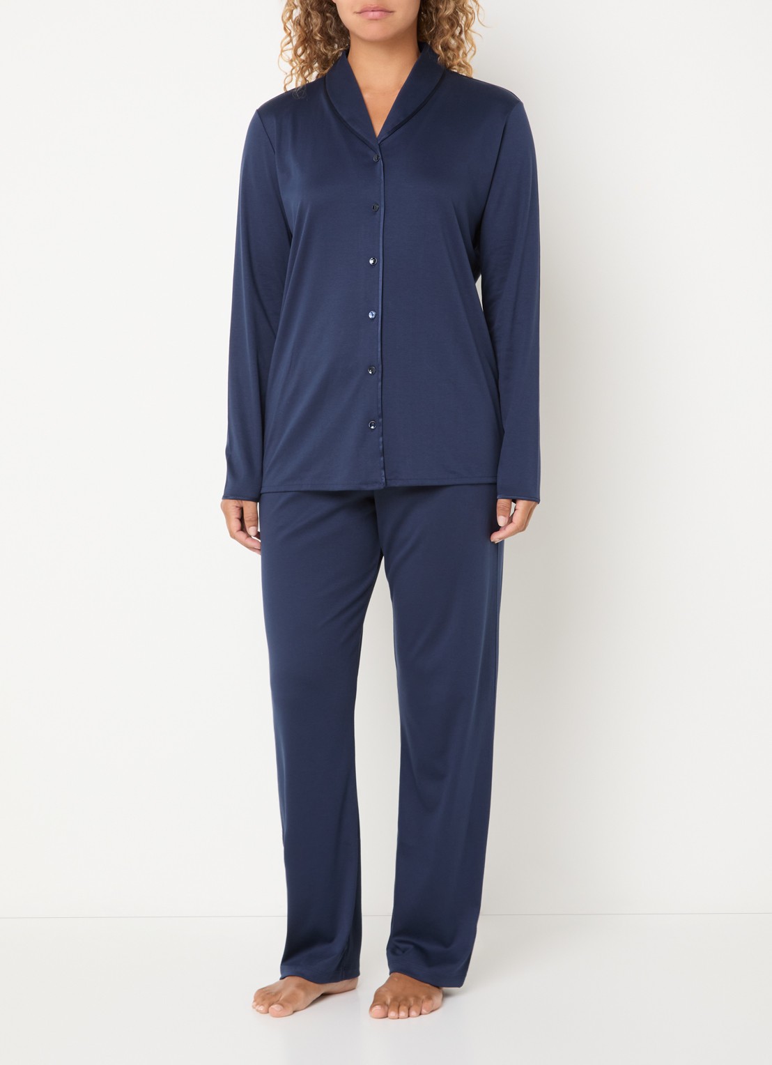 Hanro Pyjamaset van satijn - voorkant 3 donkerblauw