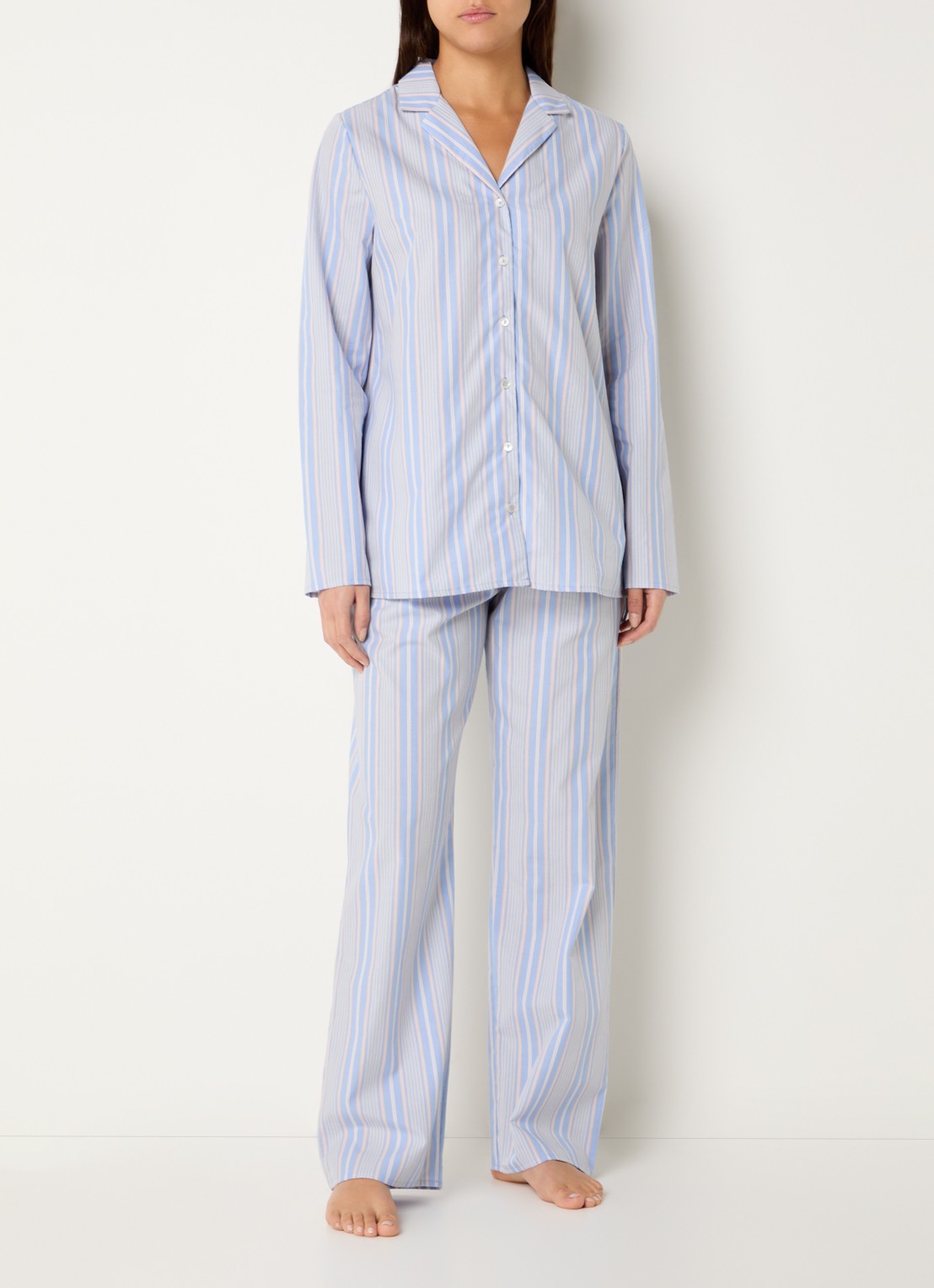 Hanro Pyjamatop met streepprint - voorkant 4 blauwgrijs