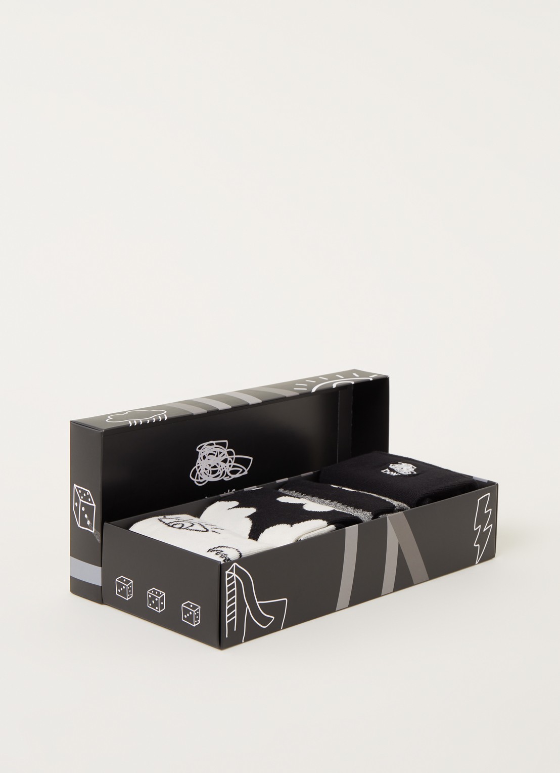Happy Socks Black & White sokken met print in 4-pack giftbox - voorkant 2 zwart