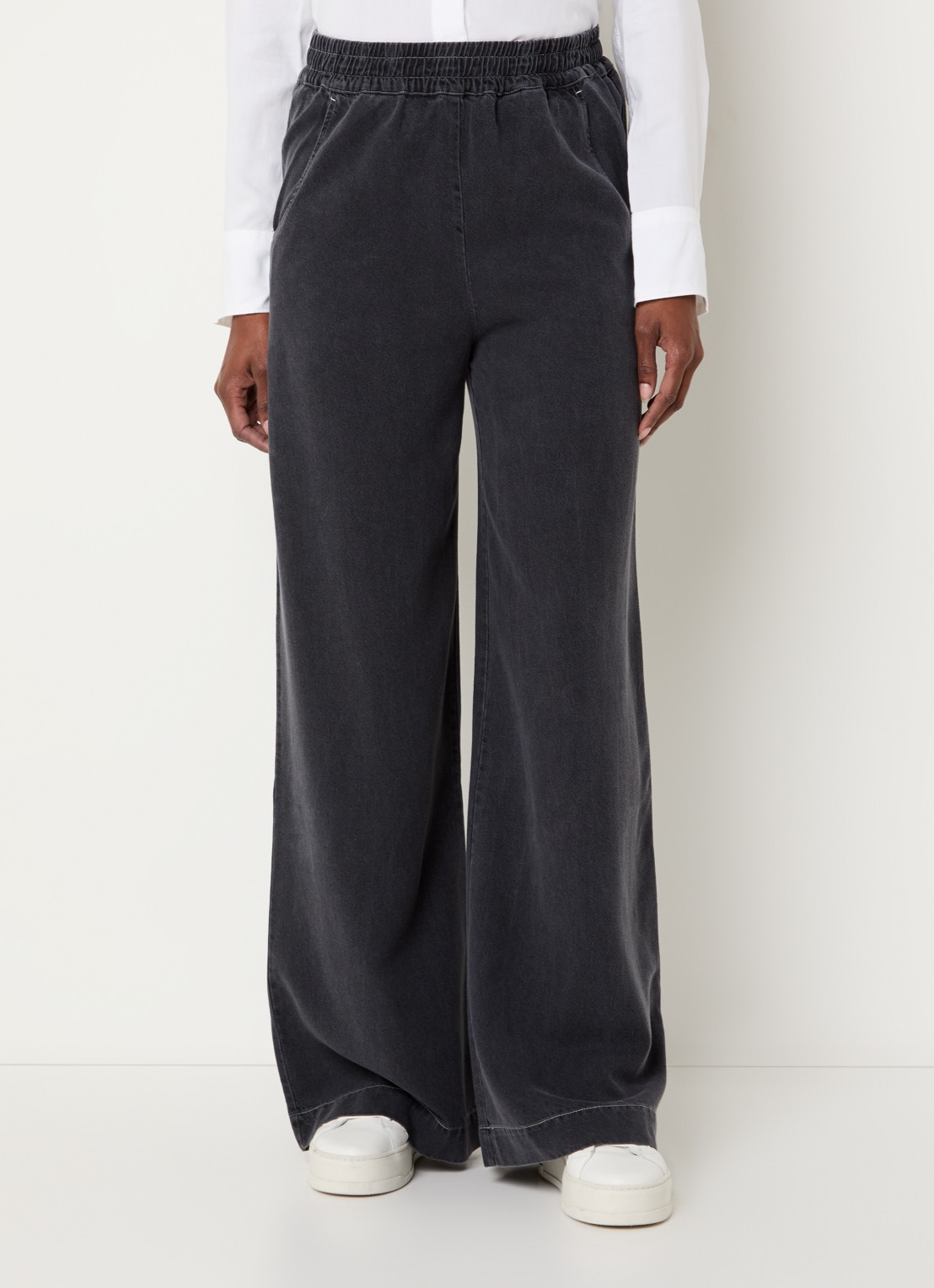 Harper high waist wide leg jeans  met elastische band en steekzakken - detail 2 donkergrijs
