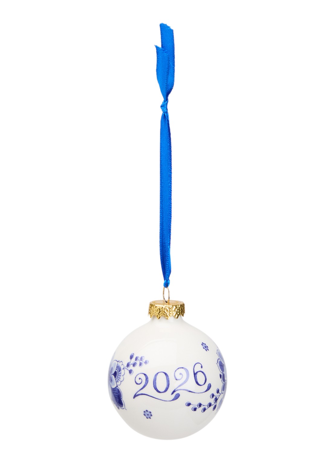 Heinen Delfts Blauw 2026 kerstbal 7 cm - voorkant 2 gebroken wit