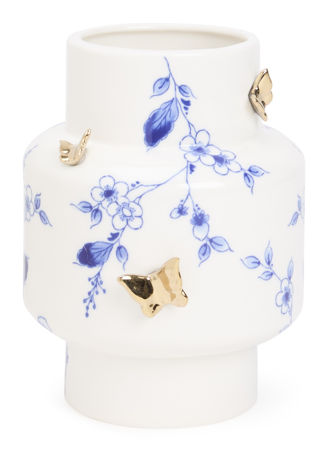 Heinen Delfts Blauw 3D Vlindergoud vaas 17 cm  - voorkant 2 wit