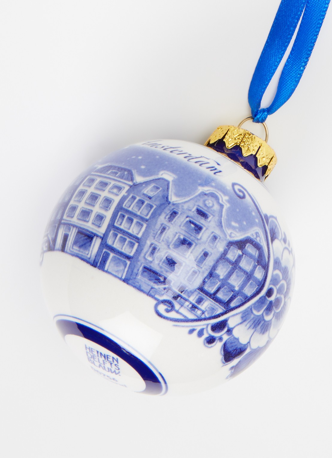 Heinen Delfts Blauw Amsterdamse Grachtenpandjes kerstbal 7 cm - detail 2 gebroken wit